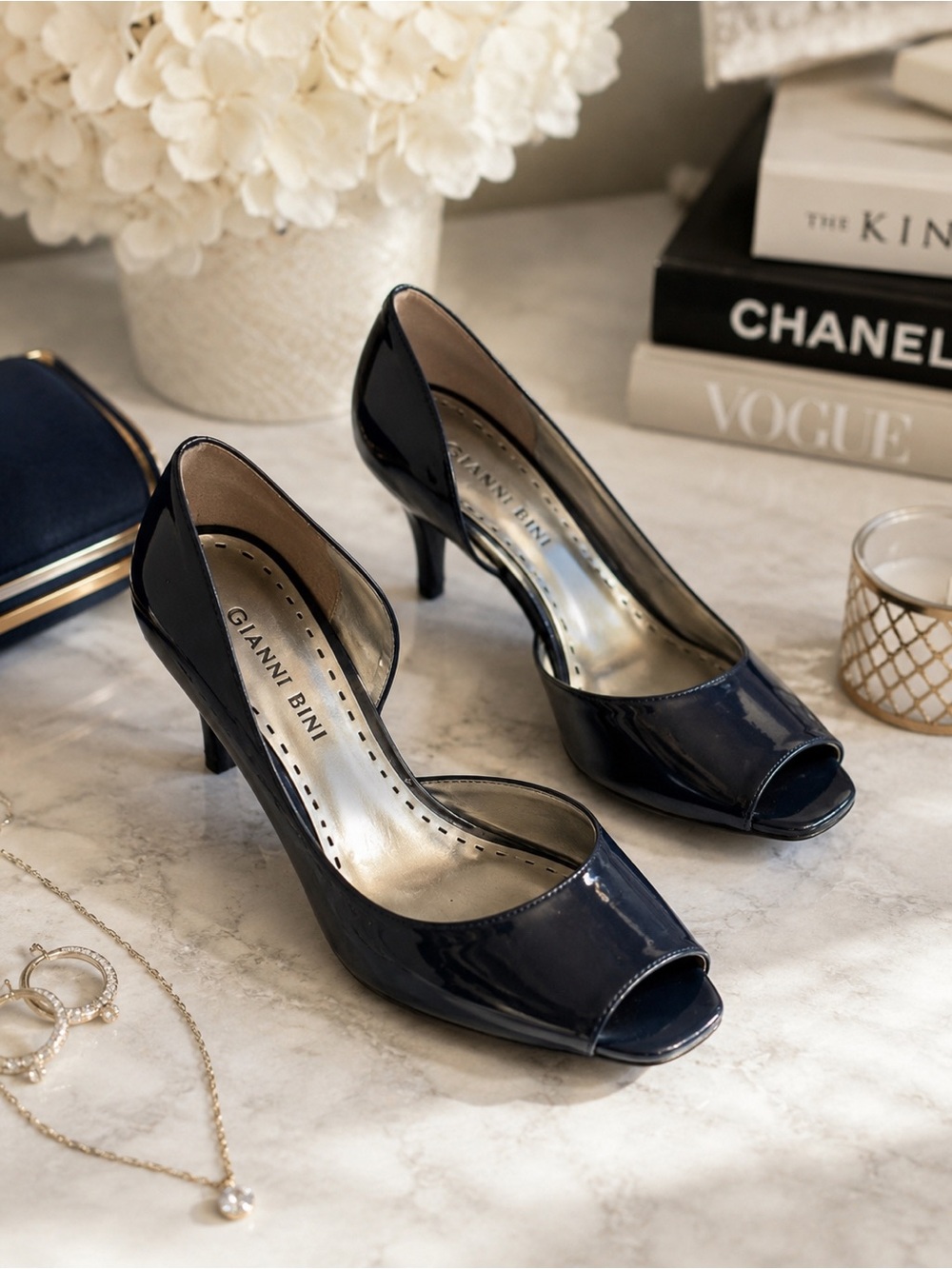 Gianni Bini Navy Blue Peep Toe Heels | Elegant Career & Date Night Shoes